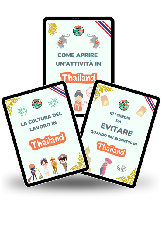 Mockup del bundle con tre guide pratiche per aprire un’attività in Thailandia, capire la cultura del lavoro ed evitare gli errori nel fare business.