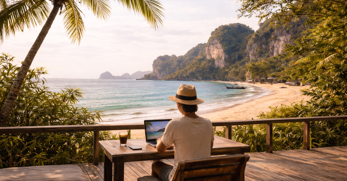 Persona che lavora al computer vista mare in Thailandia, rappresentazione dello stile di vita con visto DTV per lavorare da remoto
