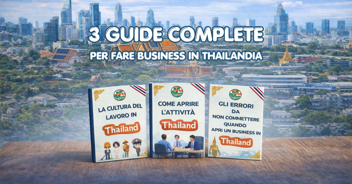 Bundle con tre guide complete per aprire un'attività in Thailandia, comprendere la cultura del lavoro thailandese ed evitare gli errori più comuni nel fare business.