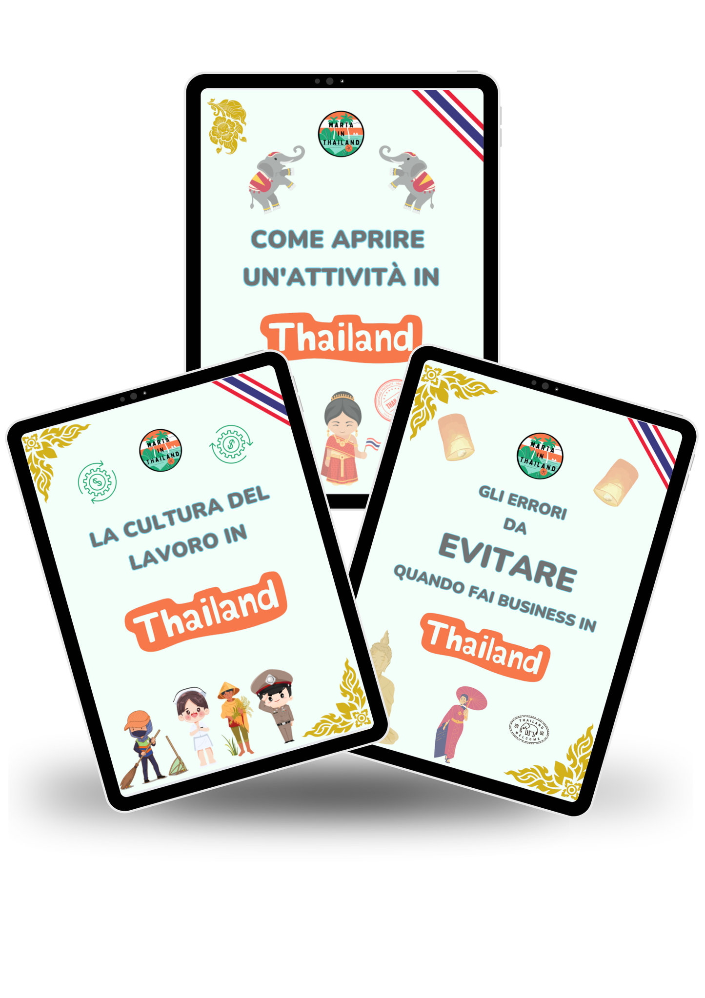 Mockup del bundle con tre guide pratiche per aprire un’attività in Thailandia, capire la cultura del lavoro ed evitare gli errori nel fare business.