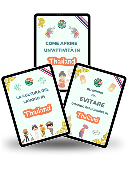 Mockup del bundle con tre guide pratiche per aprire un’attività in Thailandia, capire la cultura del lavoro ed evitare gli errori nel fare business.